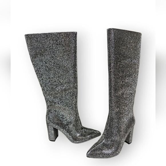 New INC Tall Sparke Knee High Boots Block Heel Pewter Crystal Sz 5 Taylor Swift - Picture 2 of 16
